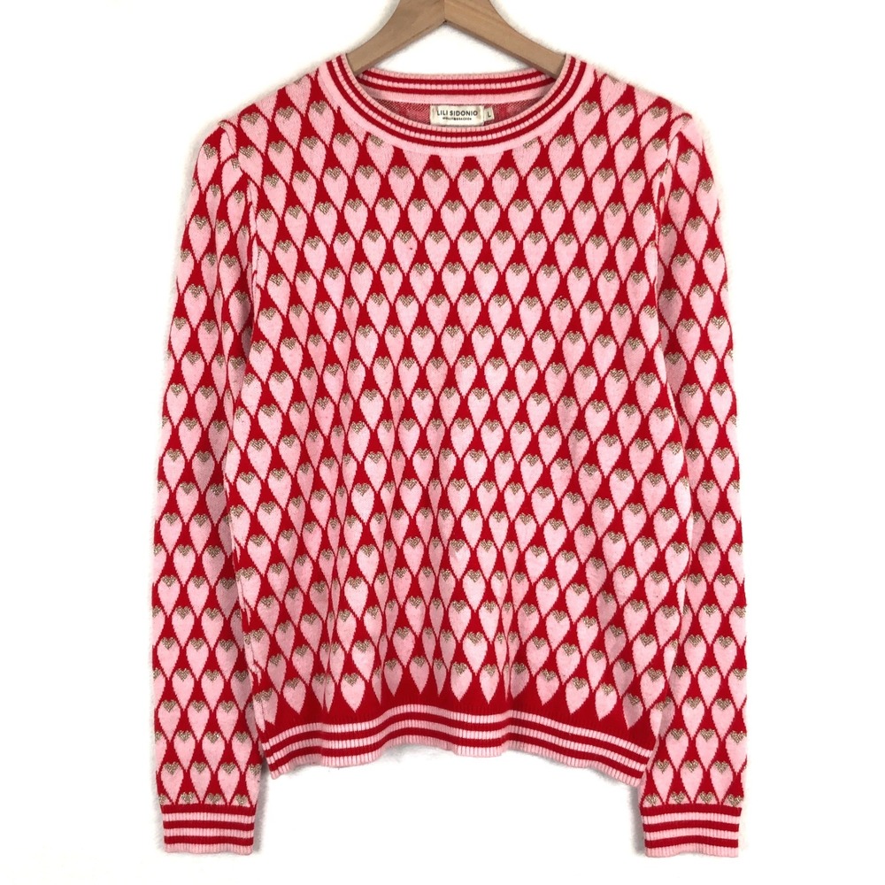 Lili Sidonio Molly Bracken Metallic Heart Sweater Sz L Red Pink Gold Crew L/S